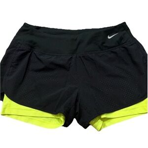 Nike Women's Black and Neon Yellow Athletic Shorts